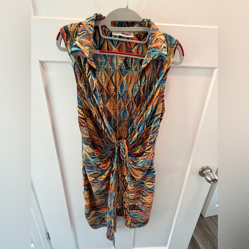 Monaco Pleated Mini Dress Tie Front Colorful Abstract Sleeveless Stretch Large